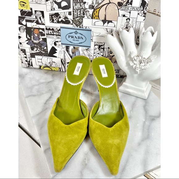 |SOLD| Prada Avocado Suede Leather Mules with Decorative Heel - Picture 2 of 8